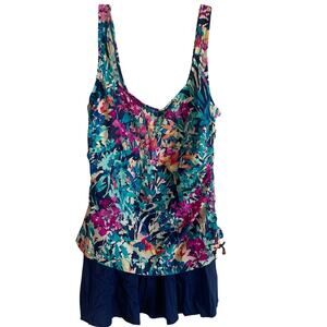 Azul Womens 16 Swimdress Navy Skirt Cinch Tie Bra Floral Tropical Bright Colors